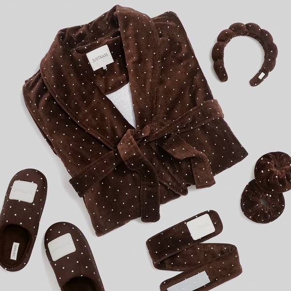 JUSTKASS brown polkadot robe accessories flatlay